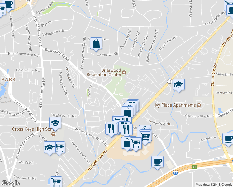 map of restaurants, bars, coffee shops, grocery stores, and more near 2463 Field Way in Atlanta