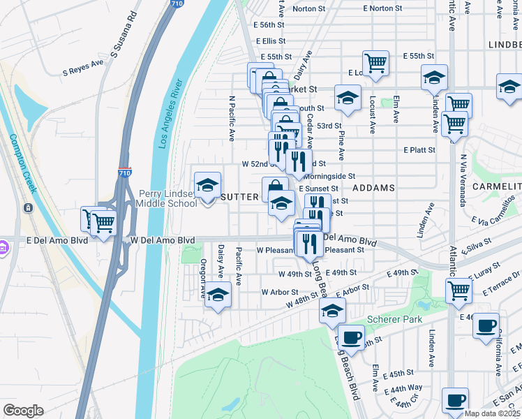 map of restaurants, bars, coffee shops, grocery stores, and more near 55 West Home Street in Long Beach
