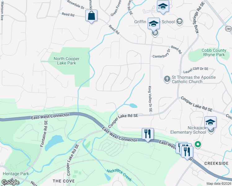 map of restaurants, bars, coffee shops, grocery stores, and more near 1061 Queensgate Drive Southeast in Smyrna