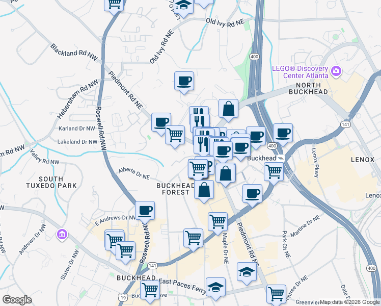 map of restaurants, bars, coffee shops, grocery stores, and more near 3321 Buckhead Forest Mews in Atlanta