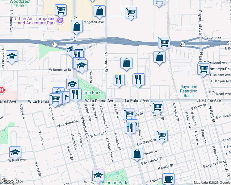map of restaurants, bars, coffee shops, grocery stores, and more near 1040 North Anaheim Boulevard in Anaheim