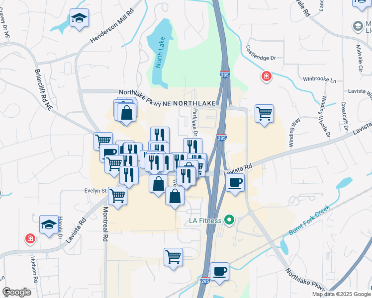 map of restaurants, bars, coffee shops, grocery stores, and more near 2150 Parklake Drive Northeast in Atlanta