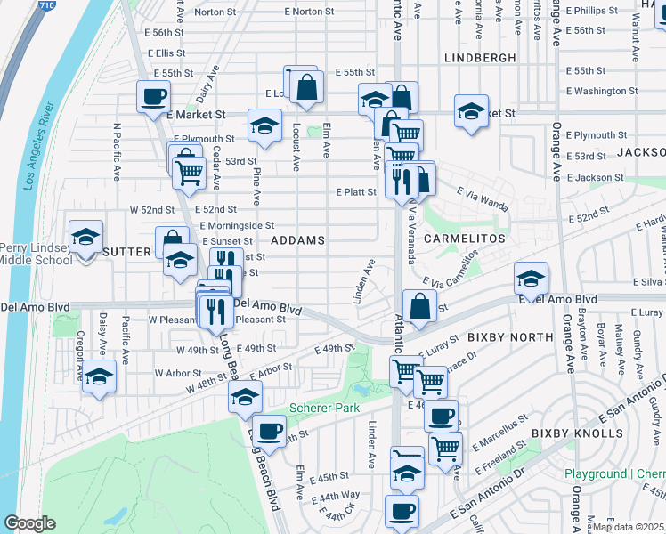 map of restaurants, bars, coffee shops, grocery stores, and more near 411 East Home Street in Long Beach
