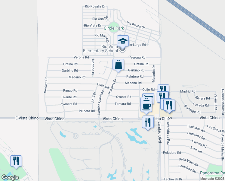 map of restaurants, bars, coffee shops, grocery stores, and more near 67625 Quijo Road in Cathedral City