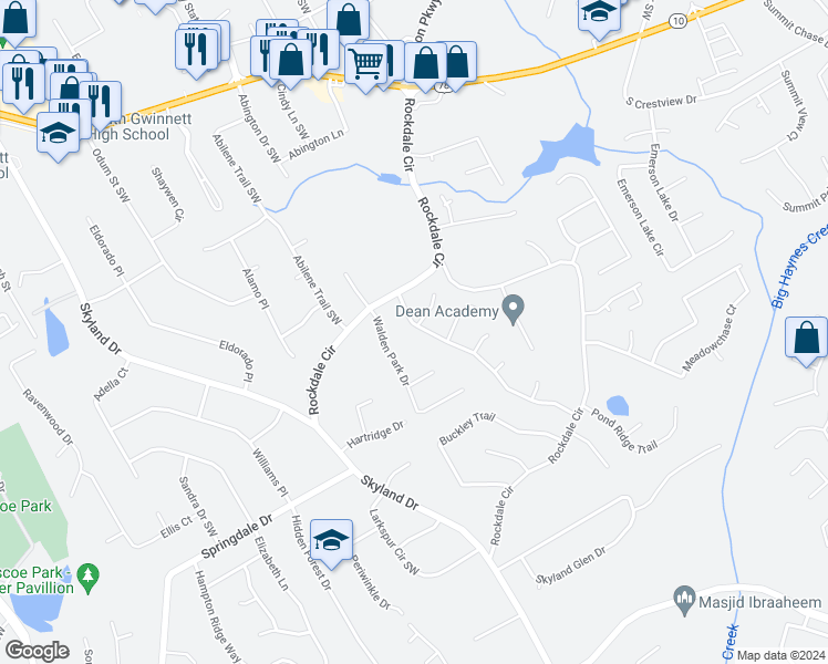 map of restaurants, bars, coffee shops, grocery stores, and more near 2911 Eastland Way in Snellville