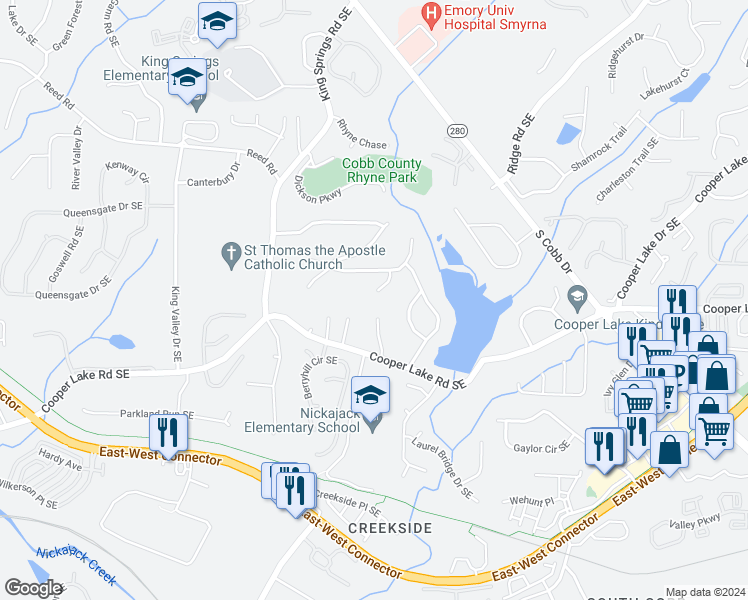 map of restaurants, bars, coffee shops, grocery stores, and more near 4330 Laurel Summit Court in Smyrna