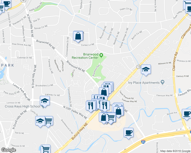 map of restaurants, bars, coffee shops, grocery stores, and more near 2461 Field Way in Atlanta