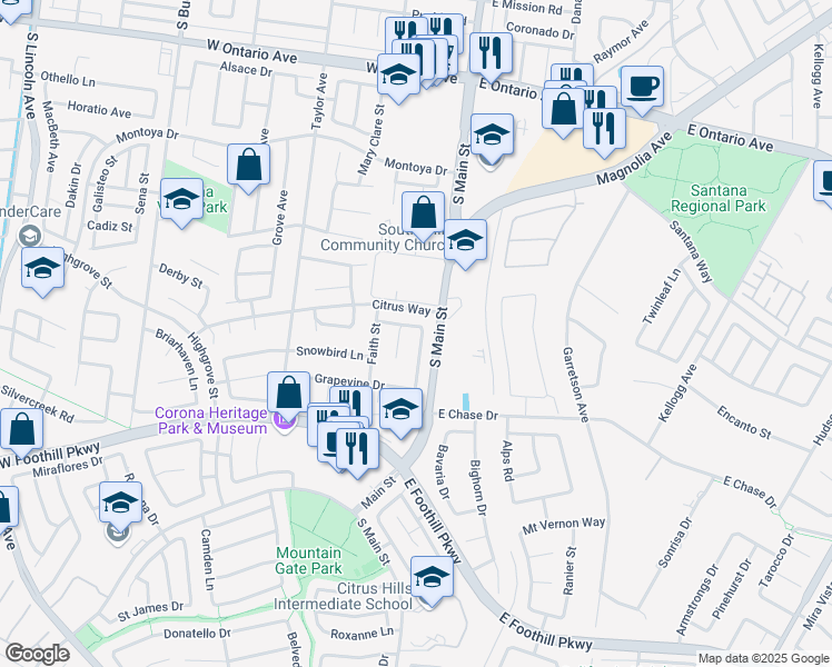 map of restaurants, bars, coffee shops, grocery stores, and more near 2730 Plumwood Circle in Corona