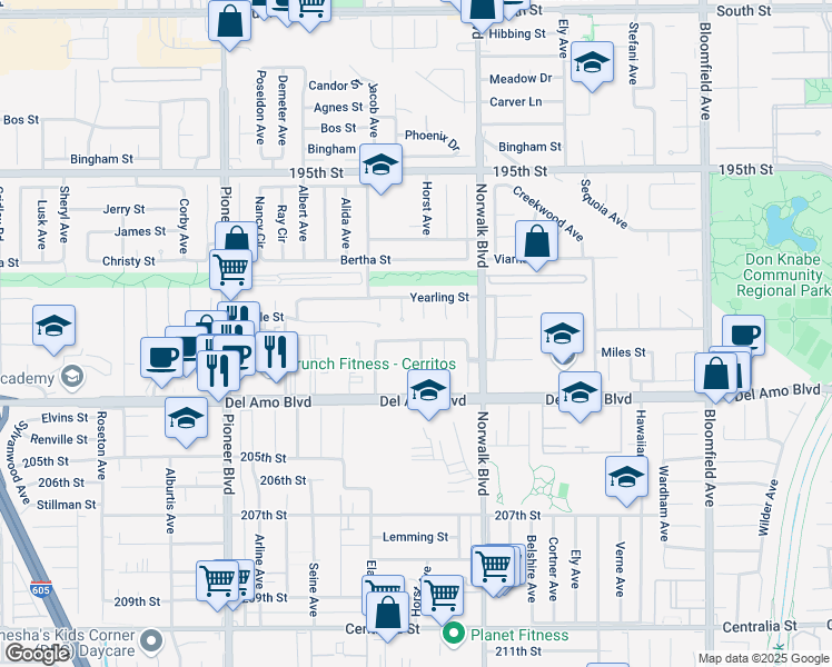map of restaurants, bars, coffee shops, grocery stores, and more near 12057 Camino Valencia in Cerritos