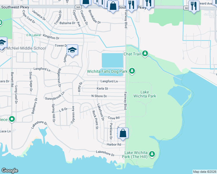 map of restaurants, bars, coffee shops, grocery stores, and more near 4620 North Shore Drive in Wichita Falls