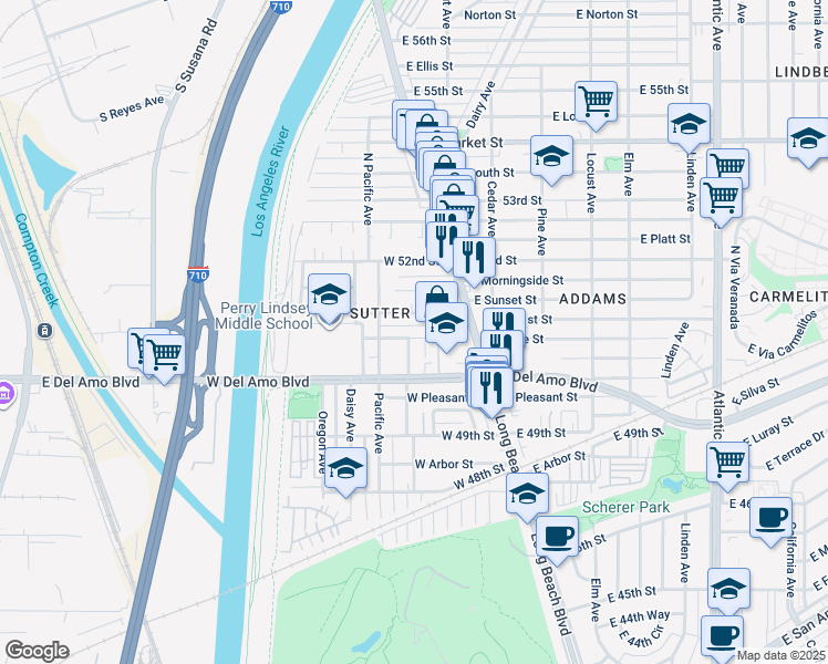 map of restaurants, bars, coffee shops, grocery stores, and more near 55 West Home Street in Long Beach