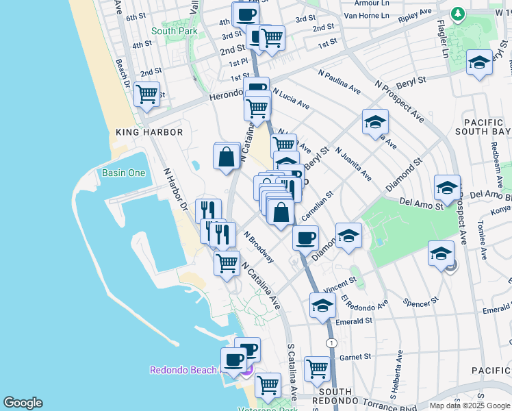 map of restaurants, bars, coffee shops, grocery stores, and more near 504 North Elena Avenue in Redondo Beach