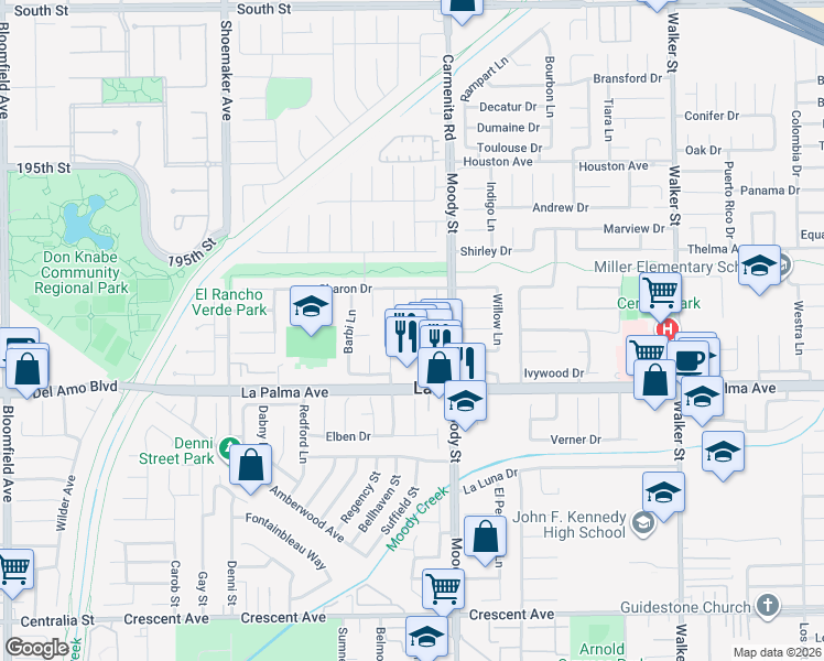 map of restaurants, bars, coffee shops, grocery stores, and more near 4901 Sandy Circle in La Palma
