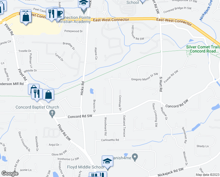 map of restaurants, bars, coffee shops, grocery stores, and more near 4468 South Springwood Drive Southwest in Smyrna