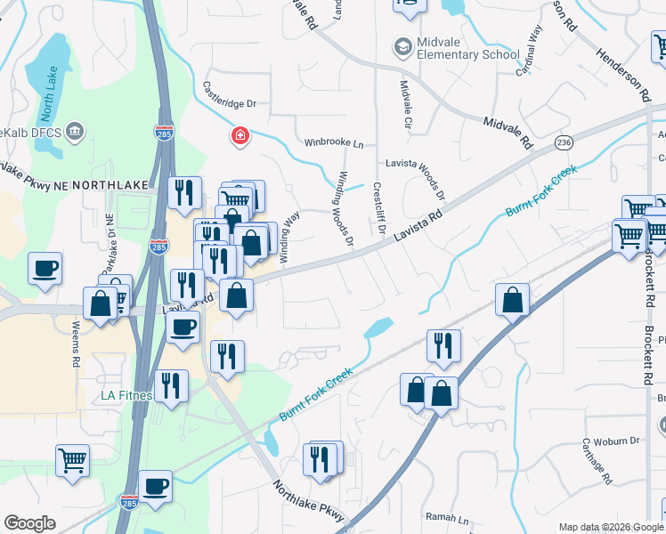 map of restaurants, bars, coffee shops, grocery stores, and more near 3820 Sutton Place Court in Tucker