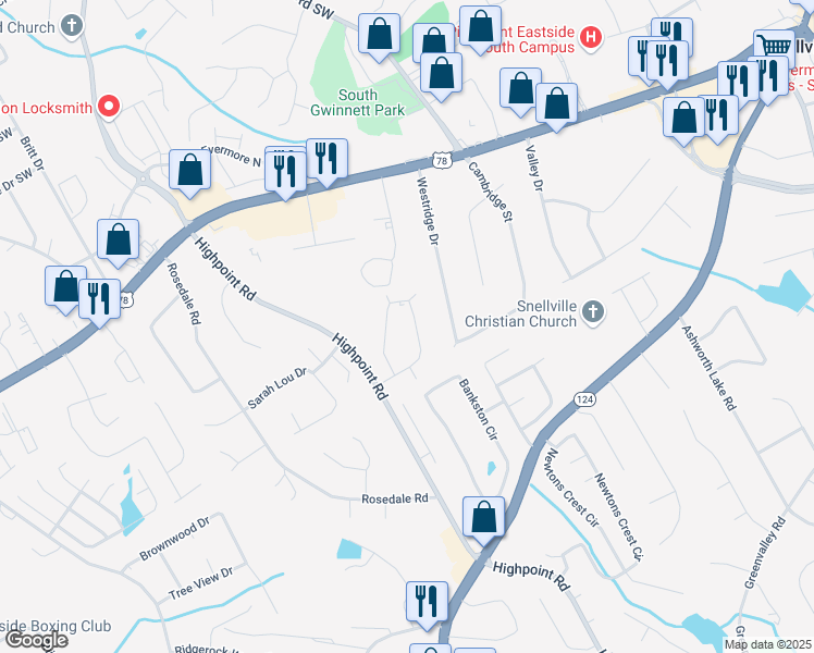 map of restaurants, bars, coffee shops, grocery stores, and more near 3017 Spruce Circle in Snellville