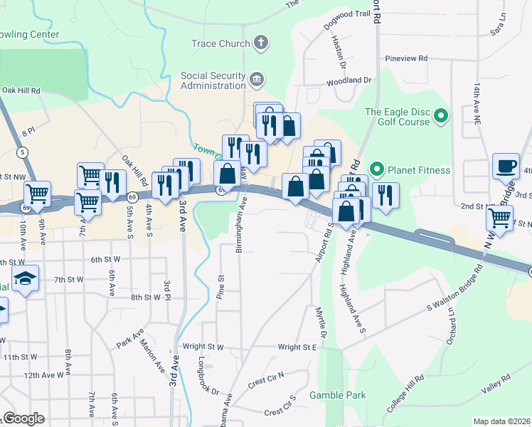map of restaurants, bars, coffee shops, grocery stores, and more near 303 Wedgewood Drive in Jasper
