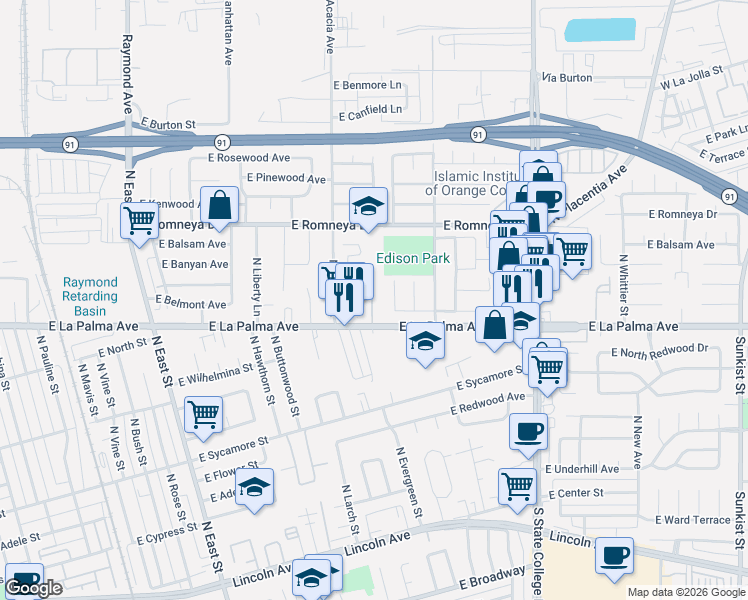 map of restaurants, bars, coffee shops, grocery stores, and more near 1610 East Belmont Avenue in Anaheim