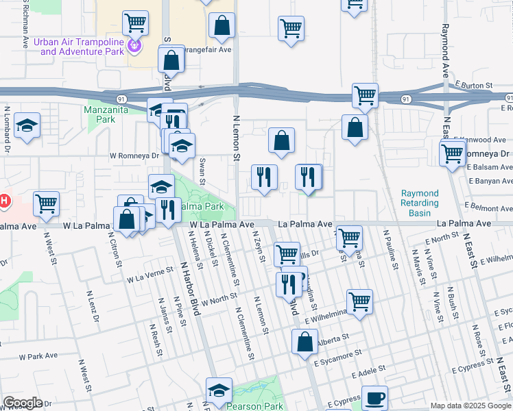 map of restaurants, bars, coffee shops, grocery stores, and more near in Anaheim