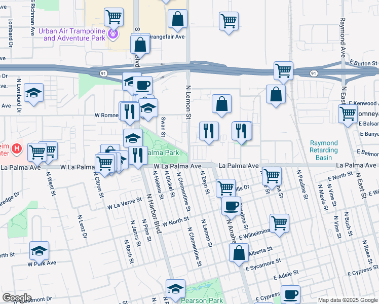 map of restaurants, bars, coffee shops, grocery stores, and more near in Anaheim