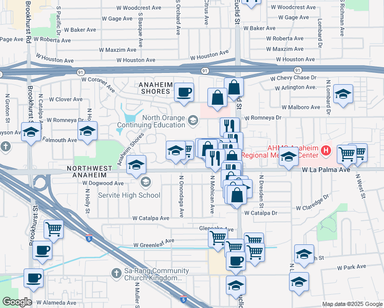 map of restaurants, bars, coffee shops, grocery stores, and more near 1777 West La Palma Avenue in Anaheim