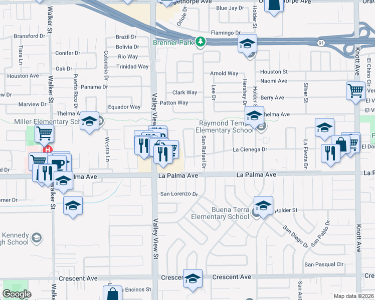map of restaurants, bars, coffee shops, grocery stores, and more near 7925 La Carta Circle in Buena Park