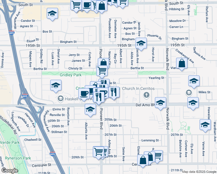 map of restaurants, bars, coffee shops, grocery stores, and more near 20110 Pioneer Boulevard in Cerritos