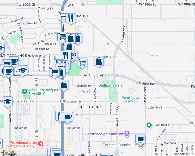 map of restaurants, bars, coffee shops, grocery stores, and more near 20308 Madison Street in Torrance