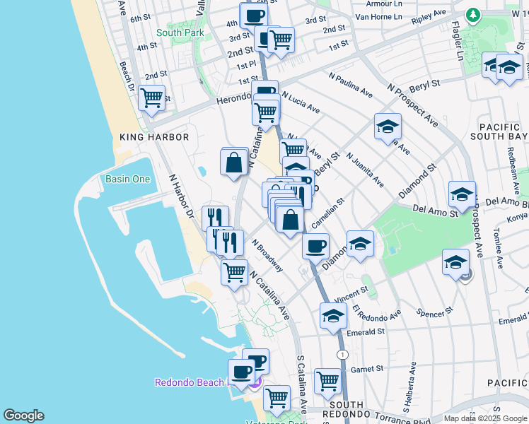 map of restaurants, bars, coffee shops, grocery stores, and more near 220 Beryl Street in Redondo Beach
