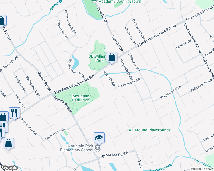 map of restaurants, bars, coffee shops, grocery stores, and more near 1286 Sycamore Drive Southwest in Lilburn