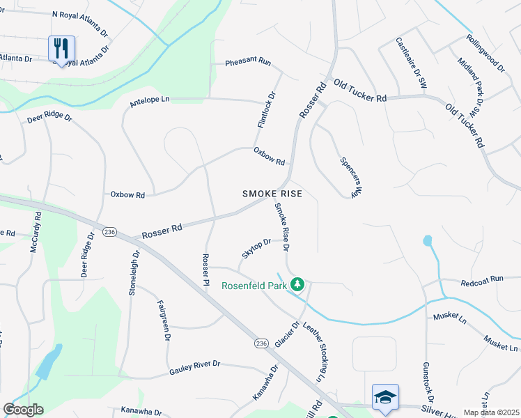 map of restaurants, bars, coffee shops, grocery stores, and more near 5401 Rosser Road in Stone Mountain