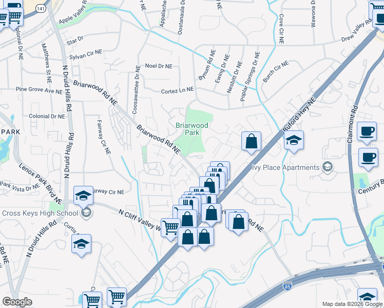 map of restaurants, bars, coffee shops, grocery stores, and more near 2461 Field Way in Atlanta
