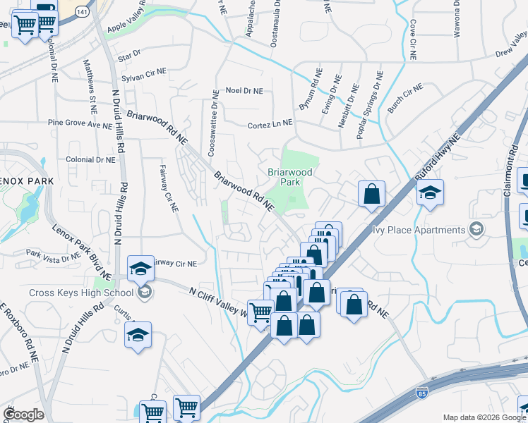 map of restaurants, bars, coffee shops, grocery stores, and more near 2166 Pine Cone Lane Northeast in Atlanta