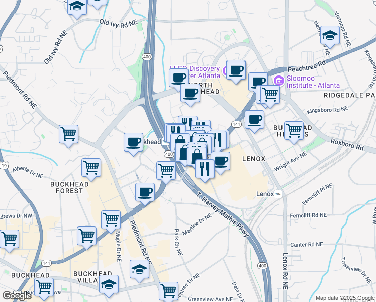 map of restaurants, bars, coffee shops, grocery stores, and more near 3377 Peachtree Road Northeast in Atlanta
