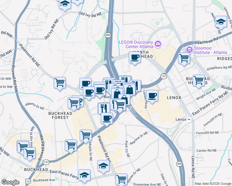 map of restaurants, bars, coffee shops, grocery stores, and more near 3348 Peachtree Road Northeast in Atlanta