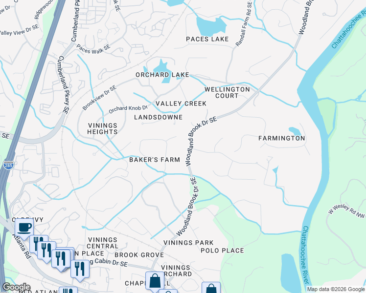 map of restaurants, bars, coffee shops, grocery stores, and more near 4328 Woodland Brook Drive Southeast in Atlanta