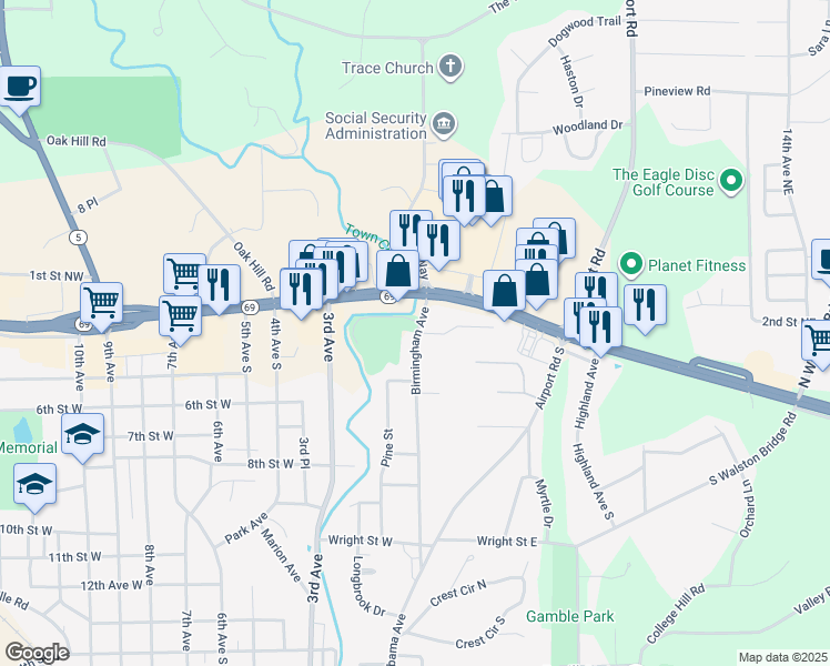 map of restaurants, bars, coffee shops, grocery stores, and more near 399-403 Birmingham Ave in Jasper