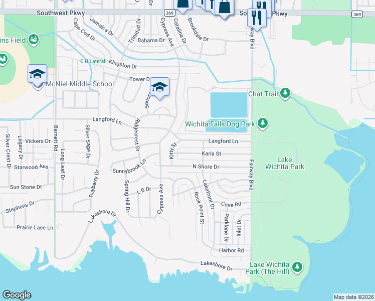 map of restaurants, bars, coffee shops, grocery stores, and more near 4710 North Shore Drive in Wichita Falls