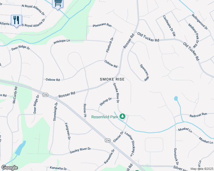 map of restaurants, bars, coffee shops, grocery stores, and more near 5401 Rosser Road in Stone Mountain