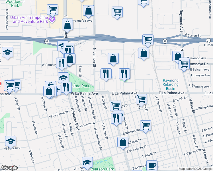 map of restaurants, bars, coffee shops, grocery stores, and more near in Anaheim