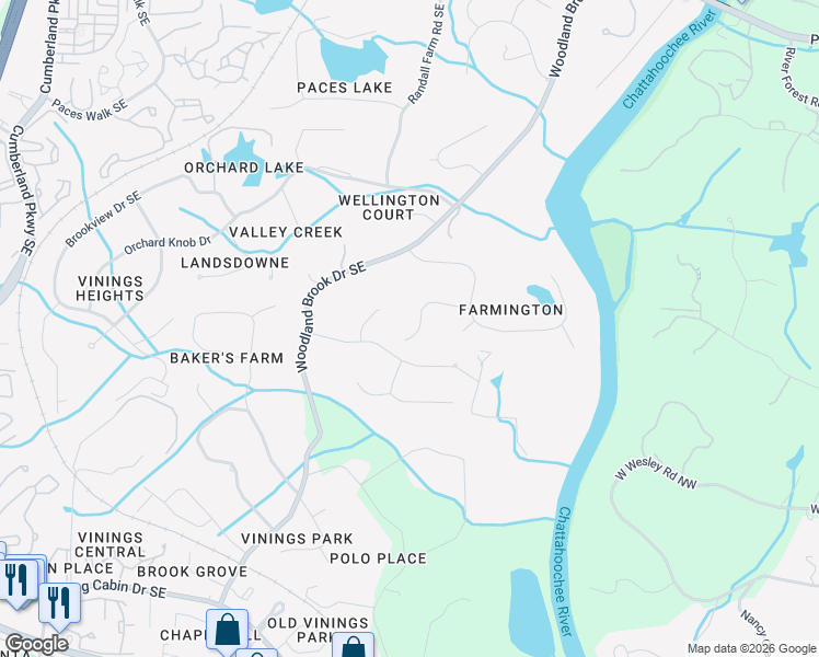 map of restaurants, bars, coffee shops, grocery stores, and more near 2909 Bakers Farm Road Southeast in Atlanta