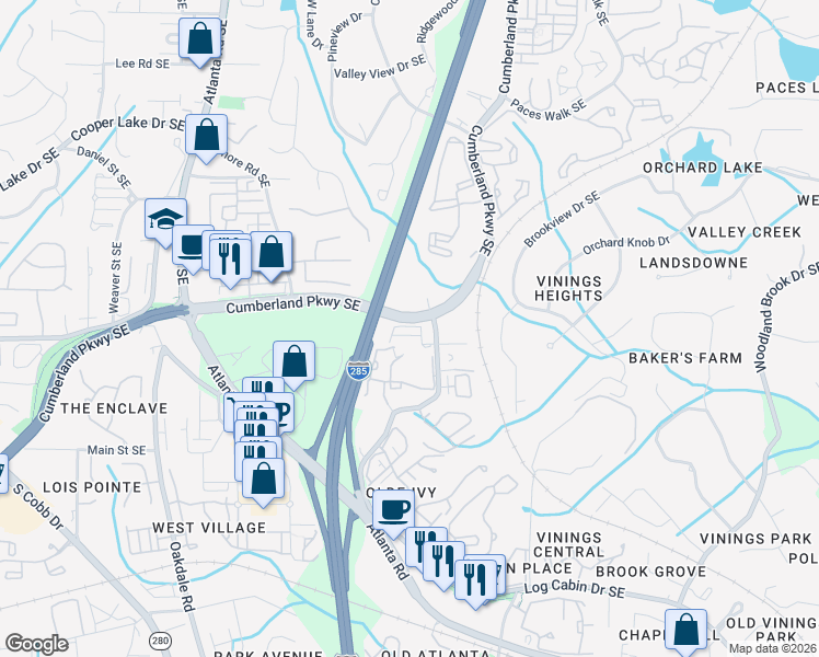 map of restaurants, bars, coffee shops, grocery stores, and more near 2282 Emerald Sky Drive in Smyrna