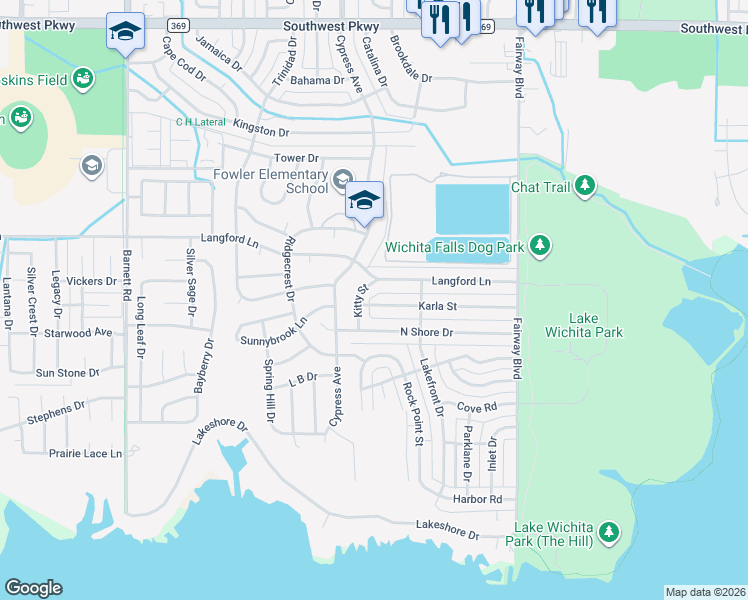 map of restaurants, bars, coffee shops, grocery stores, and more near 4915 Kitty Street in Wichita Falls