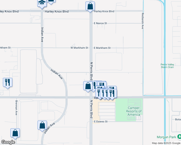 map of restaurants, bars, coffee shops, grocery stores, and more near 2 Perry Street in Perris