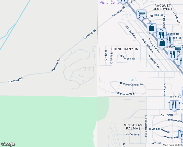 map of restaurants, bars, coffee shops, grocery stores, and more near Palisades Drive in Palm Springs