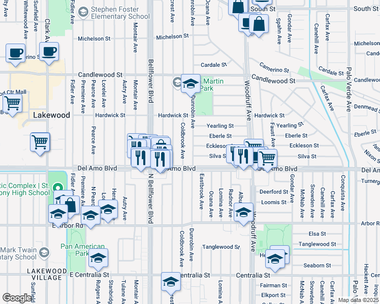 map of restaurants, bars, coffee shops, grocery stores, and more near 4908 Coldbrook Avenue in Lakewood
