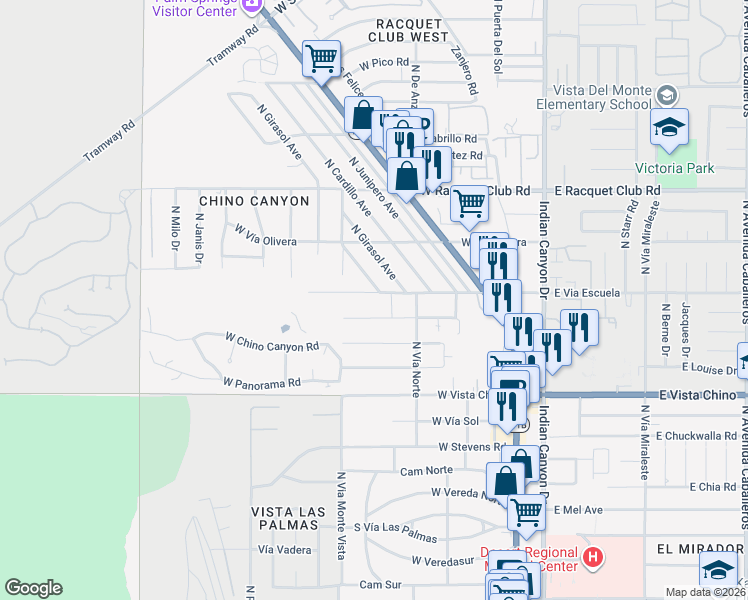 map of restaurants, bars, coffee shops, grocery stores, and more near 483 West Vía Escuela in Palm Springs