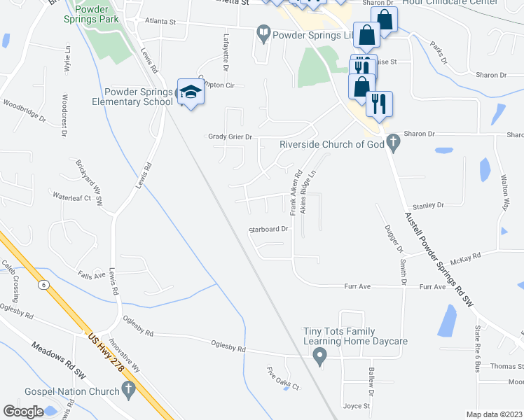 map of restaurants, bars, coffee shops, grocery stores, and more near 3956 Morning Dew Court in Powder Springs
