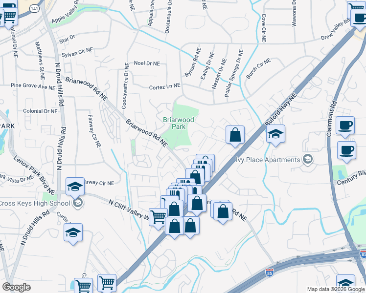 map of restaurants, bars, coffee shops, grocery stores, and more near 2453 Field Way in Atlanta