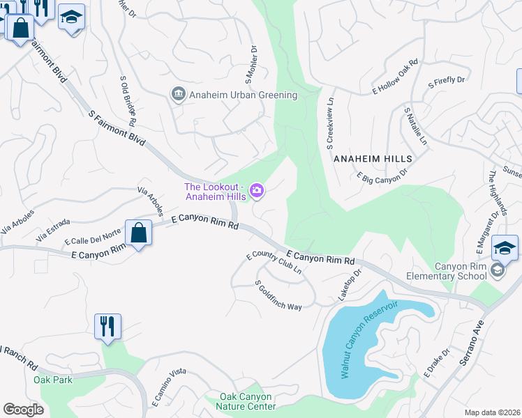map of restaurants, bars, coffee shops, grocery stores, and more near 720 Bunting Court in Anaheim